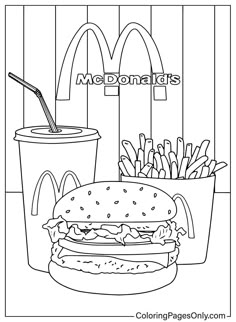 a coloring page for mcdonald's with a hamburger and fries