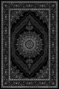 a black and white rug with an intricate design in the middle, on a black background