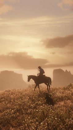 a man riding on the back of a horse across a field