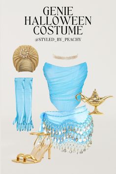 the costume is blue and has gold accessories on it, as well as a high heeled shoe