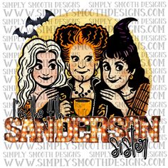 three witches drinking beer together with the word halloween spelled in orange and black on it