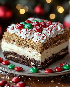 a piece of cake on a plate with candy candies