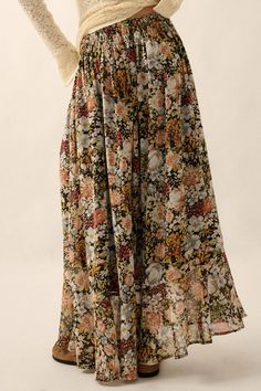 A floral woven maxi skirt with the following features: Smocked elastic waistband. Tie detail. High-waisted. Half button front closure. Front slit. Lined. Ankle length. Loose fit. 100% polyester Hand wash cold, line dry. Model Info: Height: 5 ft 9 in | Bust: 31 in | Waist: 24 in | Hips: 34 in | Wearing Size S. Bohemian Relaxed Fit Floral Maxi Skirt, Bohemian Floral Print Relaxed Maxi Skirt, Floral Maxi Skirt Outfit, Flowy A-line Maxi Skirt With Floral Print, Non-stretch Floral Print Maxi Skirt For Summer, Long Floral Print Skirt, Relaxed Fit, Nice Sandals, Floral Maxi Skirt, Floral Print Skirt