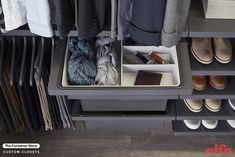 an organized closet with shoes, clothing and other items