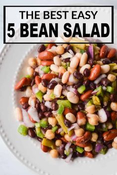 bean salad on a white plate with text overlay