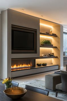 modern living room with fireplace and entertainment center