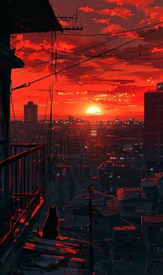 the sun is setting over a cityscape with power lines in the foreground