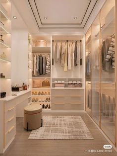 a walk in closet filled with lots of clothes and shoes on shelves next to a white rug