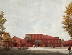 an artist's rendering of a red building in the middle of a park with people walking around