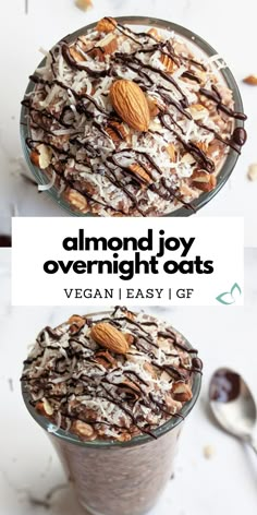 two desserts with chocolate, almonds and oats in them on top of each other