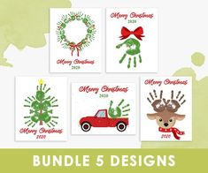 six christmas cards with handprinted designs and the words merry christmas