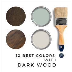 Colors, including gray, beige, greige, and blue-green to update and coordinate with dark wood trim, cabinets, flooring, and furniture. 

Learn which colors go with your dark wood with Kylie M Interiors, online paint color expert

#beige #darkwood #homeupdate #diy Dark Wood Floor Wall Paint Color, Paint Colors For Dark Floors, Painting Dark Wood Furniture, Dark Brown Trim Interior, Dark Wood Floors Grey Walls, Wall Colors For Dark Wood Floors, Dark Wood Color Palette, Paint Colors That Go With Dark Wood, Dark Walnut Floors