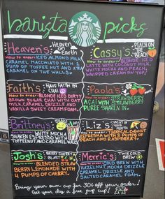 a menu for starbucks coffee is shown on a blackboard