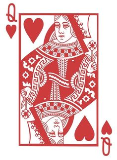 the queen of hearts playing card is shown in red and white, with two hearts on each