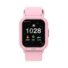 the pink smart watch is displayed on a white background