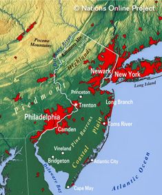 a map of the new york region with red areas highlighted in green and blue colors