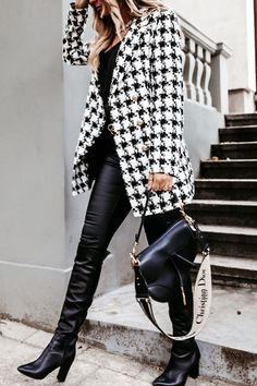 Long Blazer Jacket, Winter Overcoat, Houndstooth Coat, Women Overcoat, Long Blazer, Sleeves Pattern, Fashion Street, Work Outfit