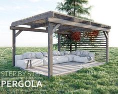 the pergola is made out of wood and has white pillows on it's back