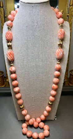 For Sale on 1stDibs - An incredible coral necklace Circa the 1960’s… and we’ve never see another one like it. It is strung with gorgeous swirling pink and white coral beads Coral Jewelry Vintage, Angel Skin, Coral Beads Necklace, Designer Diamond Jewellery, Beaded Jewelry Necklaces, Bar Pendant Necklace, Luxe Jewelry, Beaded Necklace Diy, Length Necklace