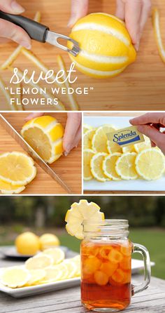 lemon wedges are being cut and placed on a cutting board with a knife in it