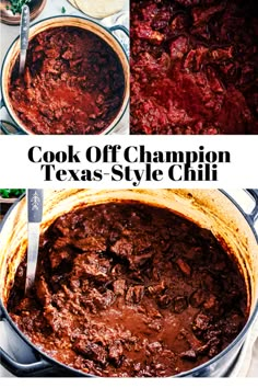 four pictures showing different types of chili in pots and pans with spoons on them