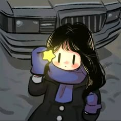 a drawing of a girl holding a star in front of her face and looking at the camera