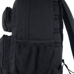 the back side of a black backpack on a white background