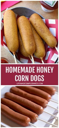 homemade honey corn dogs on skewers with ketchup