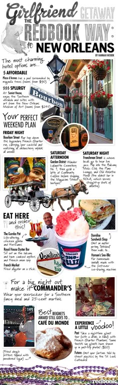 an advertisement for a new orleans restaurant with pictures of different types of food and drinks