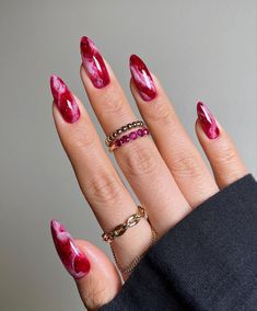 Ruby Nails, Red Nail, Sparkle Nails, Marble Nails, Classy Nails, Funky Nails, Dope Nails, Nail Arts, Pink And Red