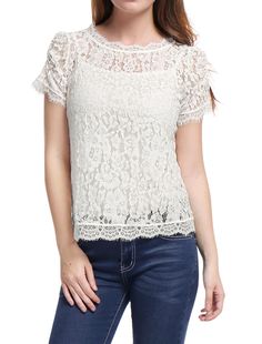 PRICES MAY VARY. See Through, Cami Top is Not Included, Please pair a tube or cami top to finish this look. Floral Lace, Scalloped Eyelash Trim, Short Sleeves, Shirred Sleeve A Tank Top or Tube Top Should be Worn, Which Is Not Included in this garment. Pair this sheer lace top with a cami top or tank top Recommended to order one size Large. Round Neck, Keyhole, Elastic Loop Closure, Regular Fit Hand Wash Cold with Like Colors, Do Not Bleach Model Body Size: Height: 5'8", Chest: 34 1/2 inches, Wa Crochet Tank Tops, Floral Lace Top, Crochet Top Outfit, Semi Sheer Top, Womens Tops Dressy, Feminine Top, Sheer Lace Top, Floral Lace Tops, Women's Button Down Shirt