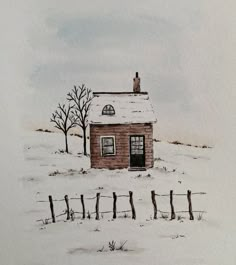 a drawing of a small house in the snow with a fence and trees behind it