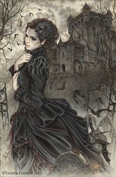 an image of a woman in a black dress with a castle on the back ground