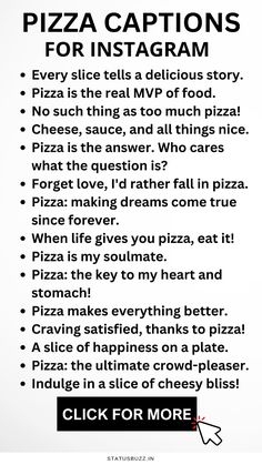 pizza captions for instagrams are shown in black and white with the words, pizza captions for instagrams