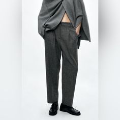 Zara Collection Flannel Pants. Retail $109.00. Size S. Color Grey Marl. Pants With A Mid Waist Made Of Wool Blend Fabric. Belt Loops At Waist And Back Elastic. Side Pockets And Back Flap Pockets. Front Pleat Detail. Front Zip, Button, And Metal Hook Closure. 40% Wool 32% Polyester 14% Viscose 13% Polyamide 1% Elastane Classic Straight Leg Winter Bottoms, Tailored Winter Bottoms With Tapered Leg, Wool Bottoms With Tapered Leg For Fall, Elegant Wool Bottoms For Winter, Tailored Straight Leg Winter Bottoms, Wool Bottoms For Winter Workwear, Wool Ankle-length Office Pants, High-waisted Wool Pants For Fall, Wool Dress Pants For Fall Workwear