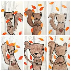 four different pictures of an animal with leaves on it's back and the other drawing of a squirrel