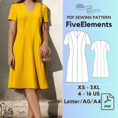 a woman in a yellow dress and heels standing next to a wall with the text, sewing pattern five elements xs - 3xl 4 - 16 us