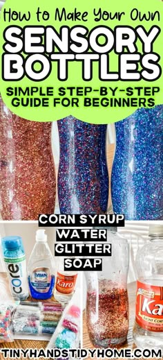 Image of 3 glitter sensory bottles in the colors pink, purple, and blue. The text over the image reads "How to make your own sensory bottles, simple step-by-step guide for beginners". Sensory Shaker Bottles, Make Your Own Sensory Bottles, Home Made Sensory Bottles, Sensory Calm Down Bottles, Diy Sensory Corner, Creation Sensory Bottles, Sensory Jars For Kids, Calming Bottles For Kids Diy, Sensory Jars Diy