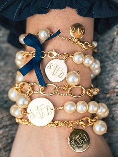 Everything is better with a monogram! Wear your initials proudly with our Pearlsonalized collection. Made locally by our skilled artisans at our workshop in Rhode Island. Initials should be entered as they should appear on the product. For example, if your name is Kiel James Patrick, and you would like the traditional last name as the middle character, please enter your initials as "KPJ". Please allow 5-7 business days for delivery of your personalized product--we engrave them all right here in Luxury Polished Finish Jewelry For Mother's Day, Classy Girls Wear Pearls, Stile Boho Chic, Monogram Bracelet, Wear Pearls, Classy Girl, Classy Jewelry, Women's Jewelry And Accessories, Latest Jewellery