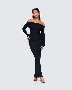 Snatch their soul in this black, long-sleeve maxi dress made from a stretch fabric and complete with a folded off-the-shoulder overlay 😈 Show a little class, while still making it clear you're not for the faint of heart 🖤 Black Dress Maxi, Fuzzy Skirt, White Corset Dress, Denim Pleated Skirt, Floral Lace Skirt, Red Mini Skirt, Orange Satin, Off Shoulder Maxi Dress, Floral Lace Tops