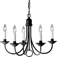 a black chandelier with five candles hanging from it's center and four arms