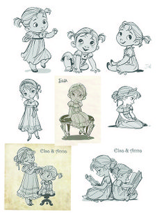 some drawings of children playing with each other in different poses and sizes, including the child's head