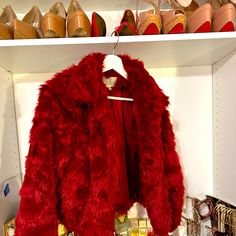 Super Cute, Crop Faux, Fur, Soft Cranberry Red Jacket Red Christmas Party Outerwear, Red Faux Fur Coat For Fall, Red Fur Coat With Faux Fur Trim For Fall, Red Faux Fur Outerwear For Fall, Chic Red Fur Coat For Fall, Red Faux Fur Long Sleeve Outerwear, Chic Red Faux Fur Outerwear, Red Fur Coat, Red Fur