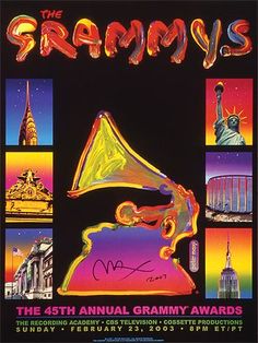 an advertisement for the 35th annual grammy awards with pictures of famous buildings and landmarks