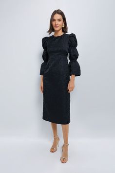 Black Jacquard Puff Sleeve Midi Darcy Dress Simple Black Heels, Grandma Dress, Vibrant Florals, Column Skirt, Sharp Dressed Man, Bold Patterns, Window Shopping, Girly Girl, Elegant Look