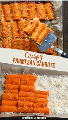 some carrots and parmesan are in a box with the words curry parmesan carrots