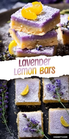 lavender lemon bars are stacked on top of each other, with the title above it