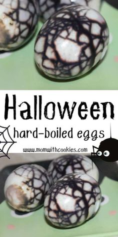 halloween hard - boiled eggs with spider web on them and the words, halloween hard - boiled eggs