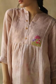 Shop for Roza Pret Pink Linen Placement Embroidered Top for Women Online at Aza Fashions Dress References, Summer Frocks, Plain Kurti, Rose Care, Designer Kurti Patterns, Kurti Patterns, Simple Kurti Designs