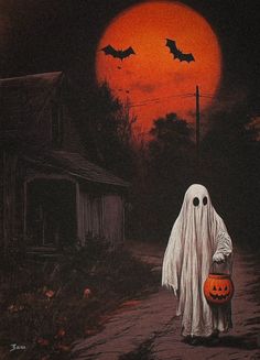 a painting of a ghost carrying a pumpkin